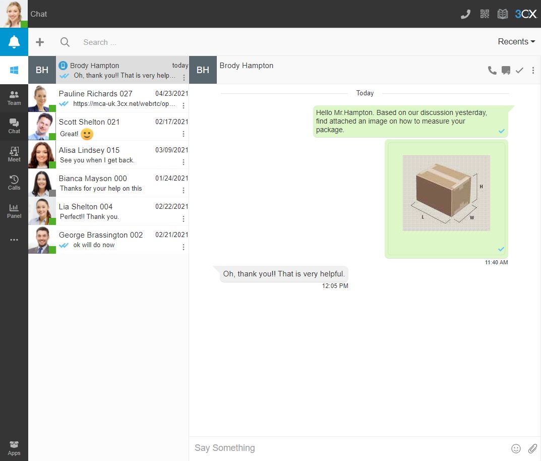 Conversación de chat con envío de imagen en el Cliente Web 3CX